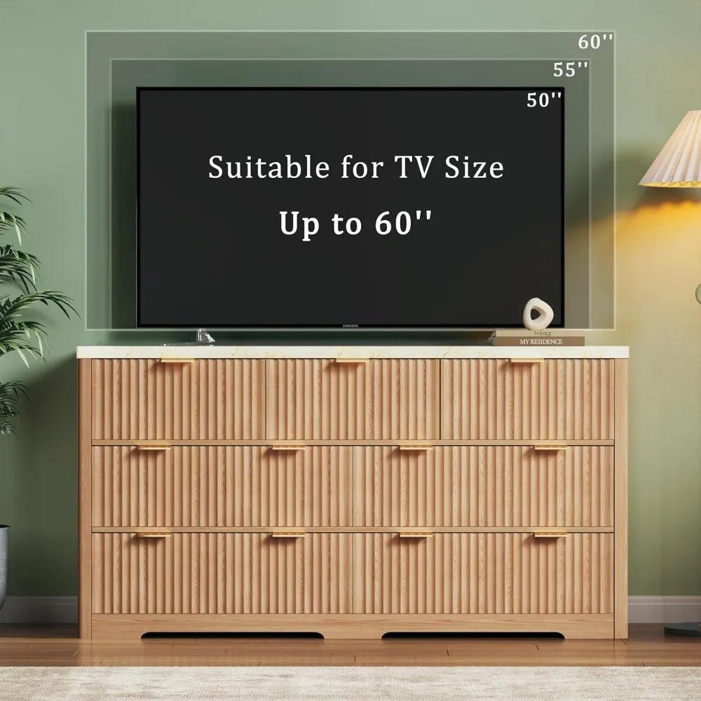 Dresser for Bedroom with 7 Drawers, 53" Wide Mid Century Modern Dressers with Faux Marble Top & Metal Handle, Wooden Chest