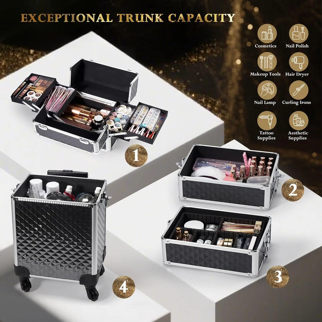 Large Rolling Makeup Case with Swivel Wheels, 4-in-1 Cosmetic Organizer for Travel and Salon Storage