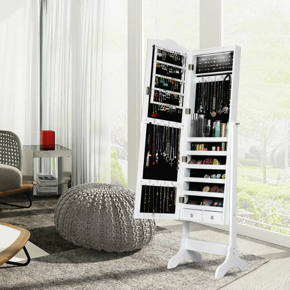 Mirrored Jewelry Cabinet Armoire Storage Organizer w/Drawer & Led Lights White