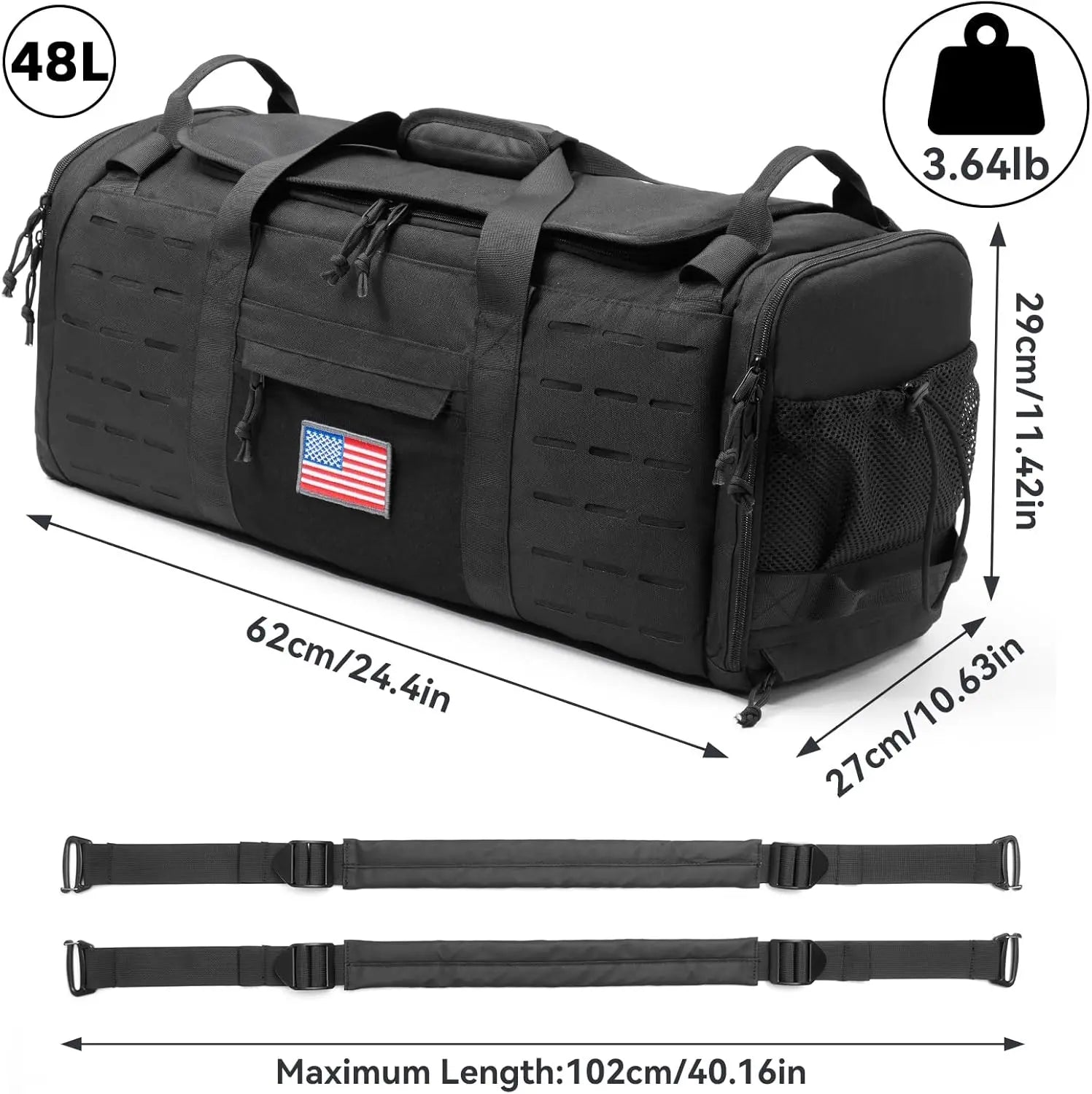 48L Military Duffle Bag with Separate Shoe Compartment,Tactical Gear Backpack Molle System,Black