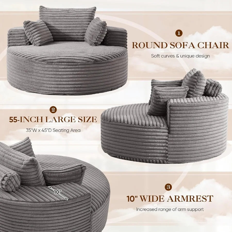 Oversized Round Chaise Longue Chair Indoor Modern 55-inch Upholstered Corduroy Deep Seat Circle Single Cloud Lounge Floor Sofa