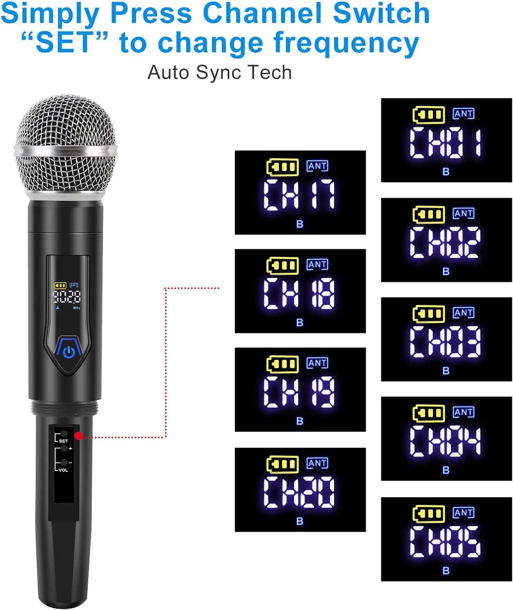 Wireless Microphone System, Metal UHF Dual Handheld, 20 Channels, Professional Cordless Mic for Church, DJ, Karaoke, Wedding