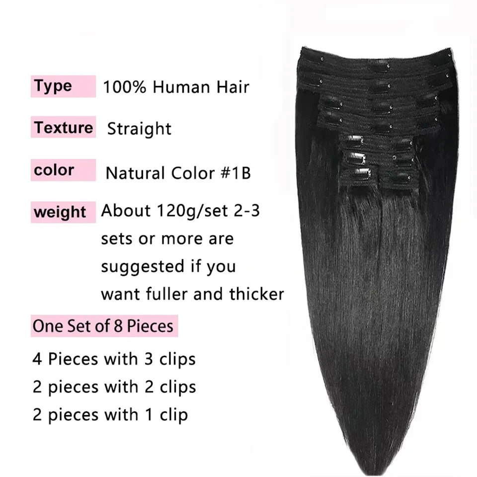 Clip In Hair Extensions Human Hair Brazilian Straight Clip In Natural Black Color Clip Ins Remy Hair 20 22 24 26 Inch 4# Women