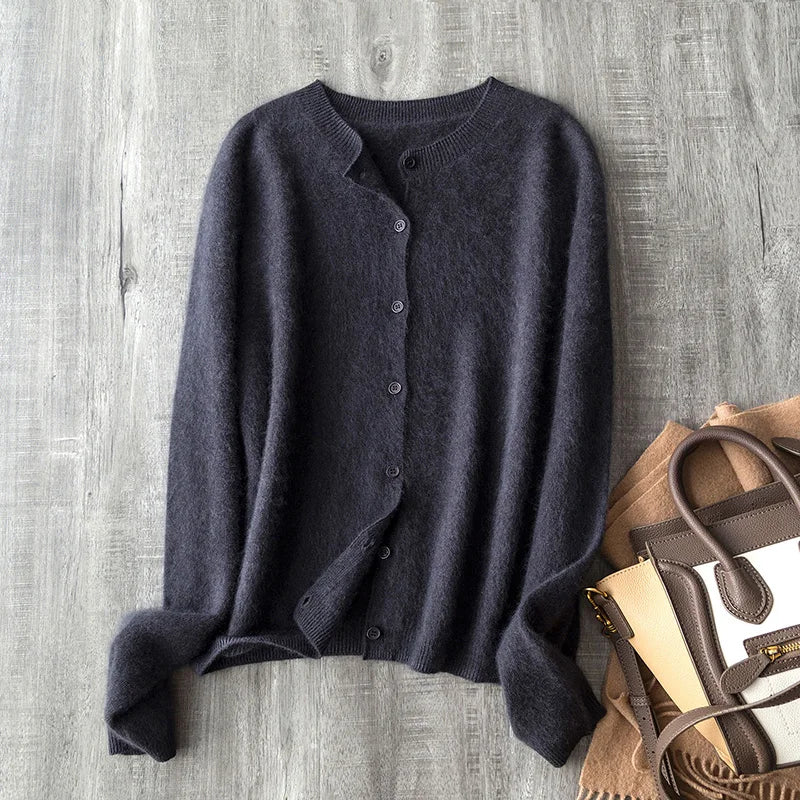 Women Fleece Wool Cashmere Sweater Cardigan Autumn Winter Round Neck Seamless Single Breasted Soft Knitwear