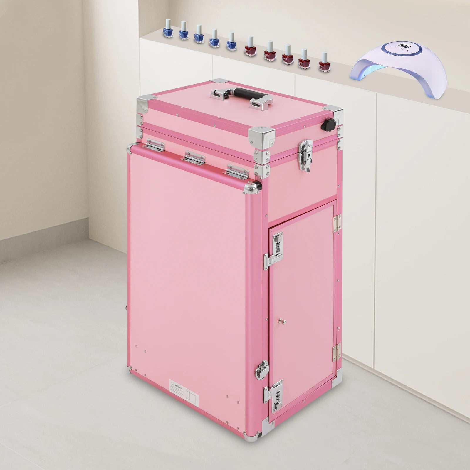 Rolling Manicure Makeup Table with 2 Built-In Bluetooth Music Speakers Portable Mirror Remote Control Professional Makeup Case
