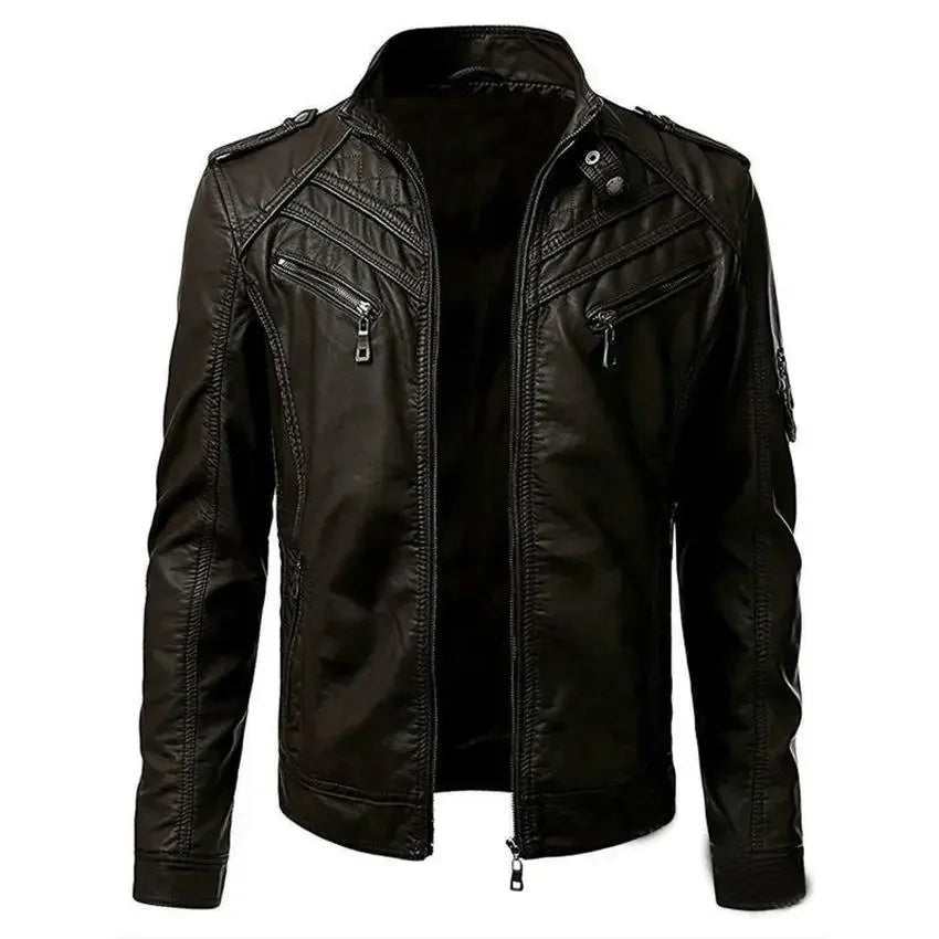 The new casual high-end fashion leather coat men sell European and American solid color handsome stand-up collar jacket