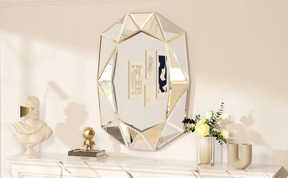 Stylish Irregular Silver Glass Wall Mirror with Beveled Diamond Edge Accents Perfect Decor for Living Room, Bedroom Entryway