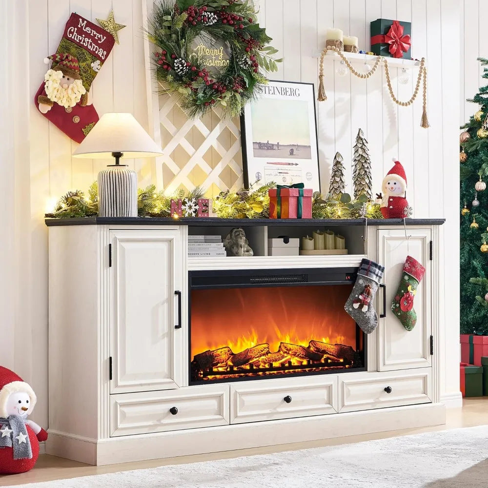 Fireplace TV Stand for 80 Inch TV, 35.7" Tall Farmhouse Entertainment Center W/36'' Electric Fireplace, Media Console with Large