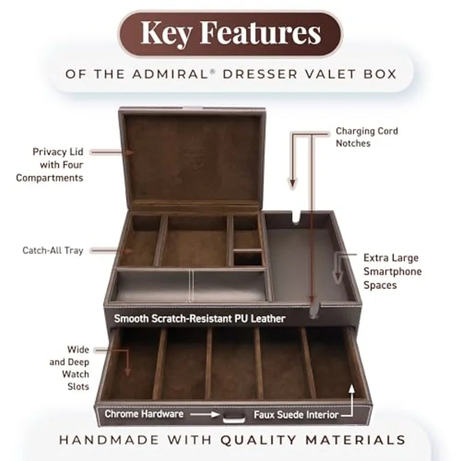 Mens Watch Box Leather Valet Tray - Bedside Table Organizer Men's Jewelry Box Watch Case for Men with Large Smartphone Charging