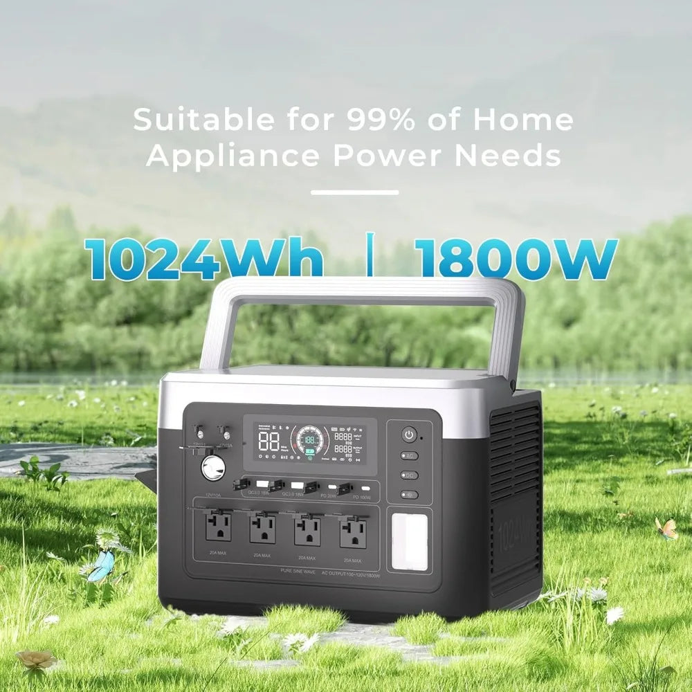 P1000 Plus 1800W/1024Wh Power Station with 100W Solar Panel, 1200W Fast Charging, Solar Generator with 4 AC Outlets (3600W Peak)