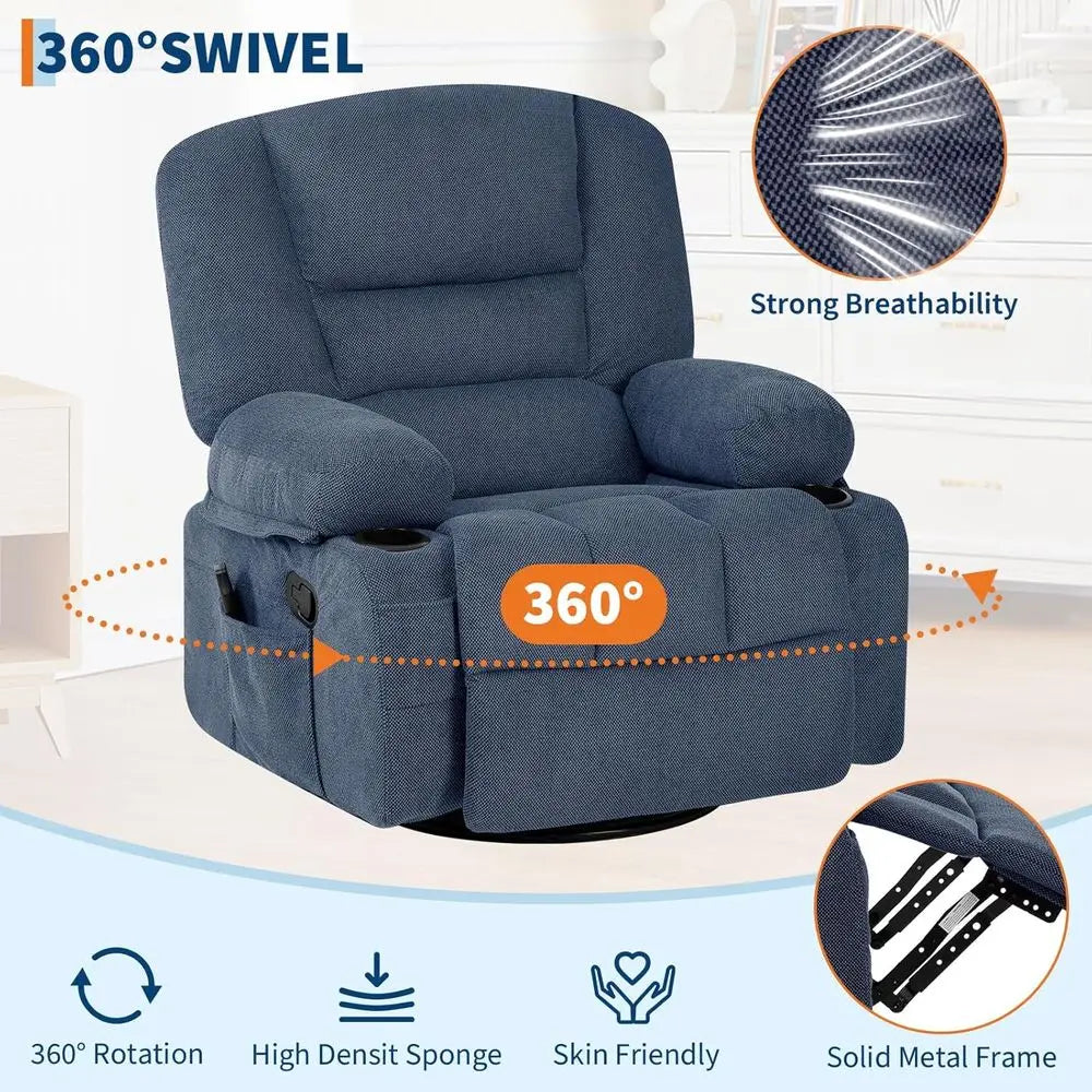Oversized Wide Recliner Chair-Heat and Vibration Massage, 360° Swivel Rocker Chair or Adults,Chenille abric Manual Recliner with
