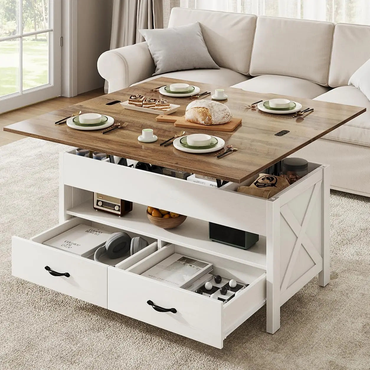 40" Lift Top Coffee Table, 4 in 1 Coffee Table with Hidden Compartment,  Multifunctional Farmhouse Center Tables