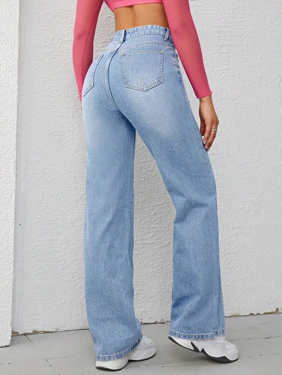 High Waist Wide Leg Jeans for Women, Light Washed Retro Denim Pants, Casual Streetwear Style