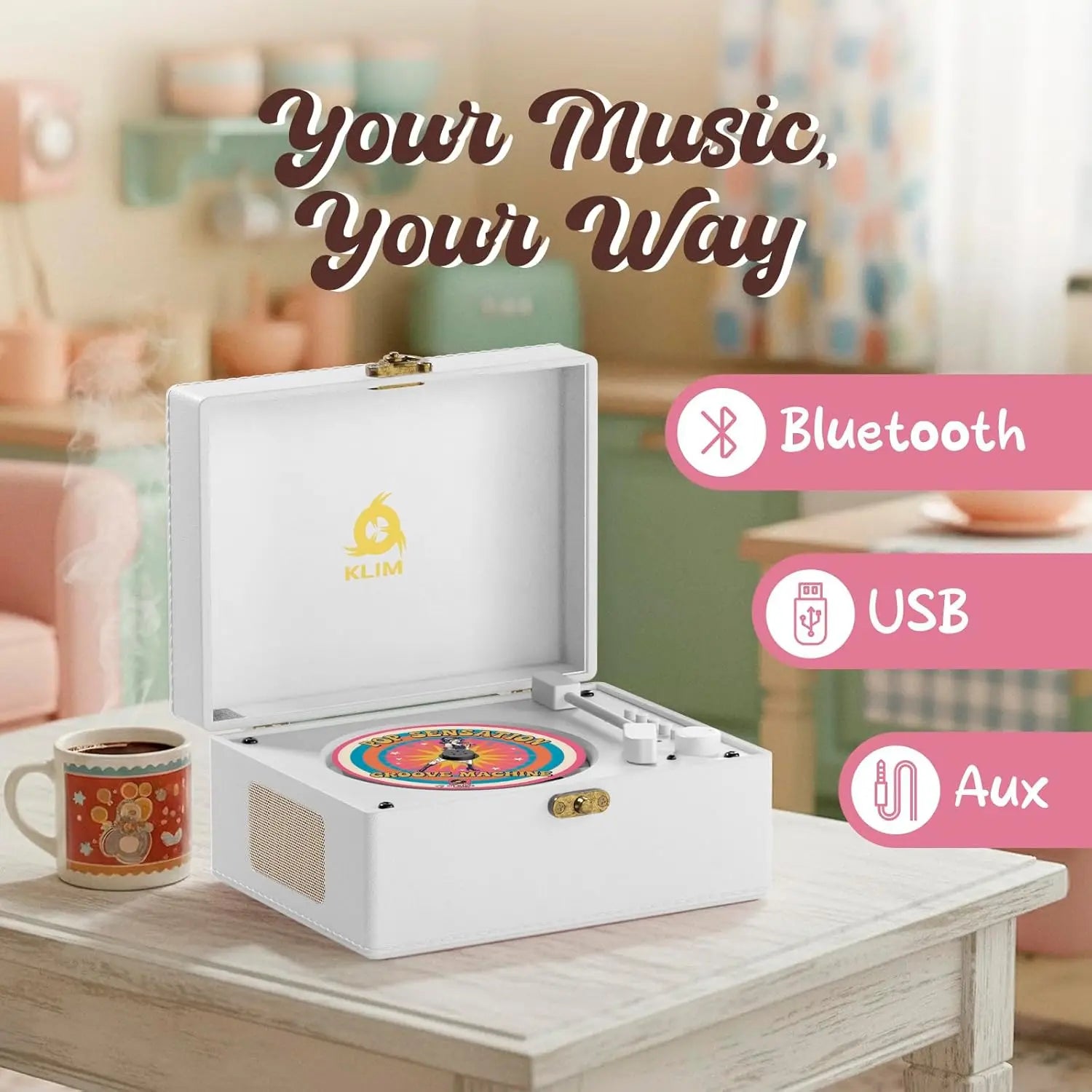 Retro CD Player with Bluetooth, AUX, USB, Rechargeable Battery - Mini White Vintage Style Music Box