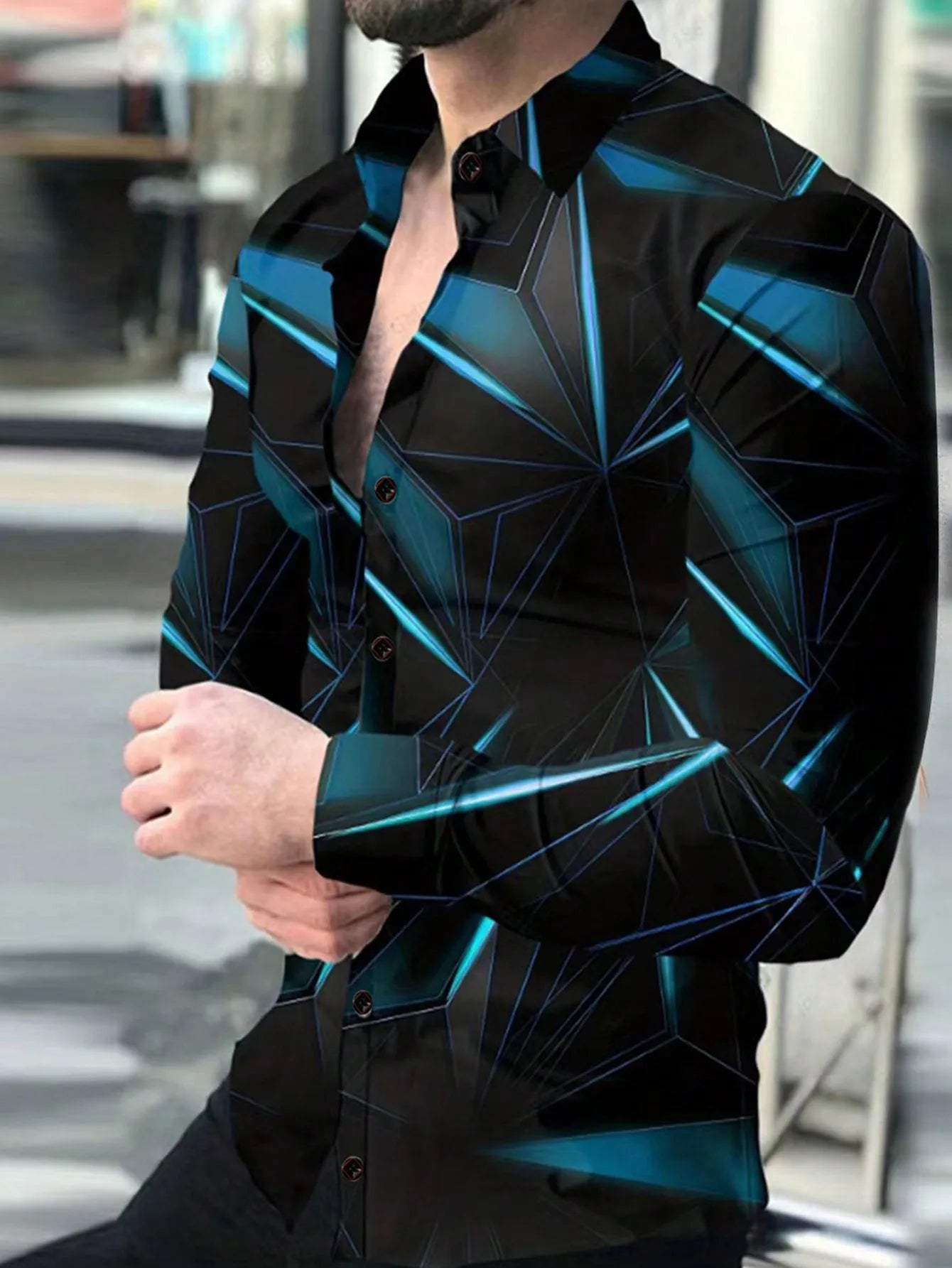 Men's Black Long Sleeve Shirt with Blue Geometric Graphic Pattern, Casual Style