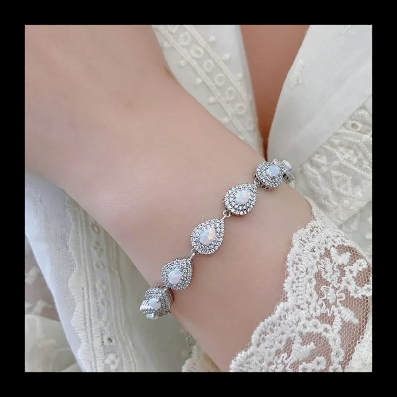 S925 Silver Accessories Water Drop Bracelet with Diamonds White Opal Simple Jewelry Fashion Versatile Silver Bracelet
