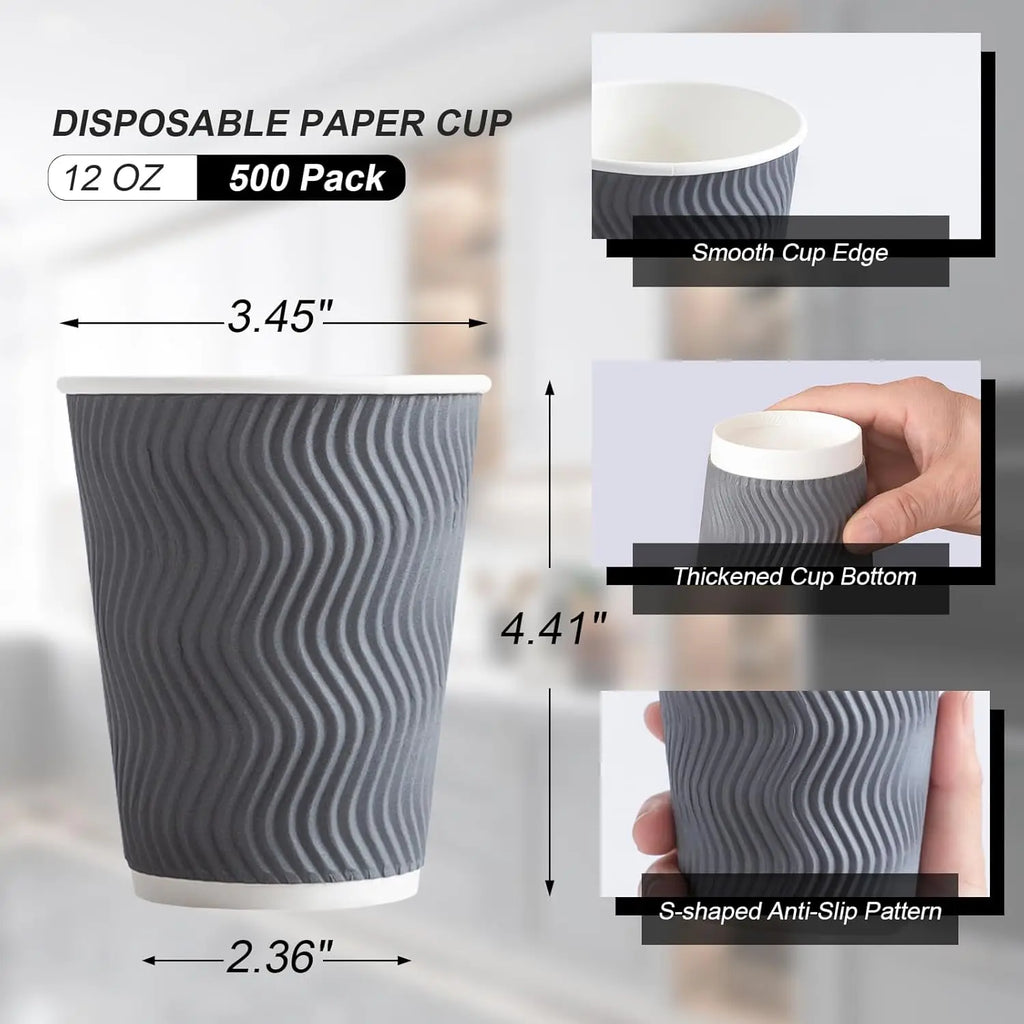 500 Count 12 oz Insulated Disposable Paper Cups, Corrugated Ripple Wall for Hot Beverages (Grey)
