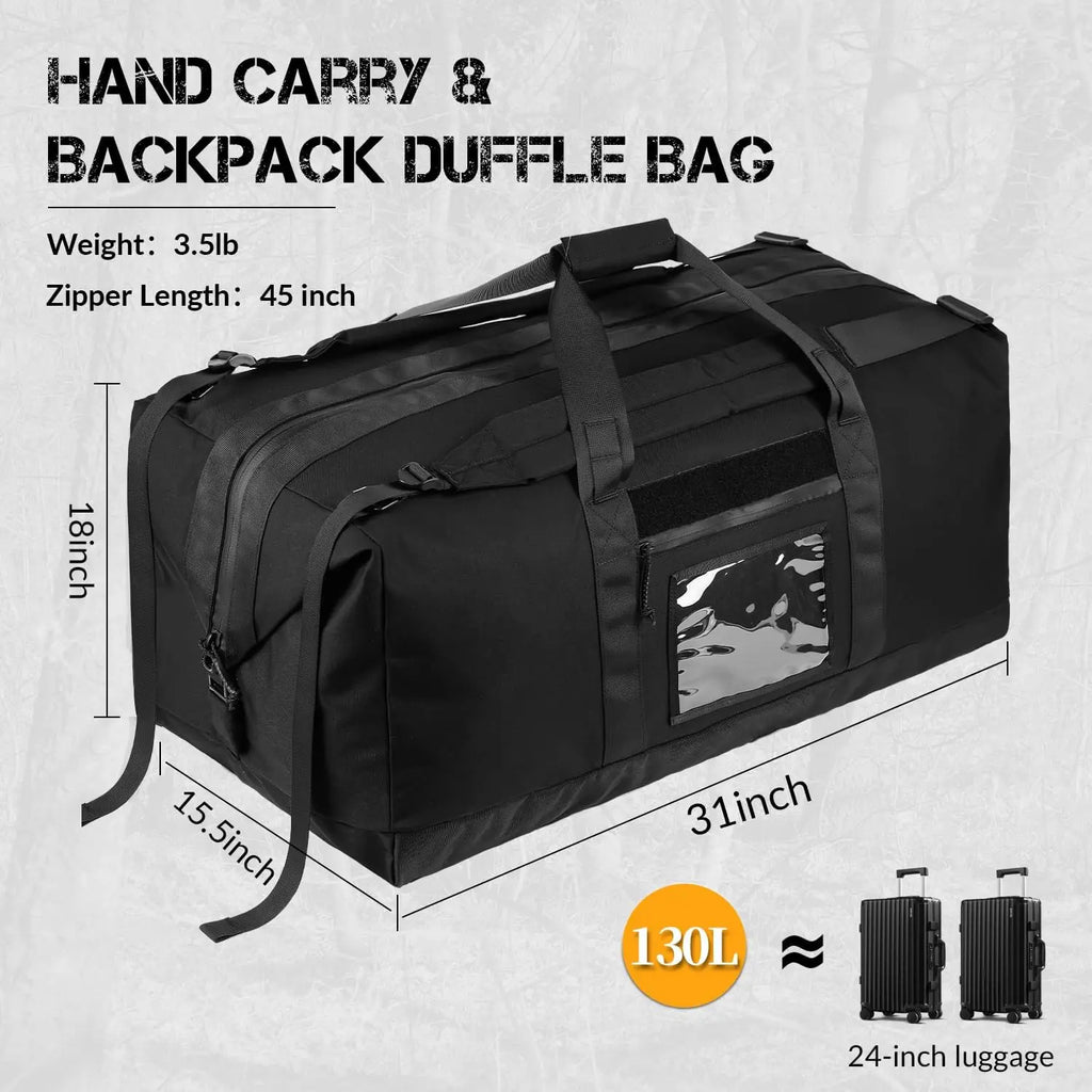 130L Tactical Duffle Bag - Waterproof, Foldable Military Travel Backpack for Camping, Hunting, Gym & Weekender Use
