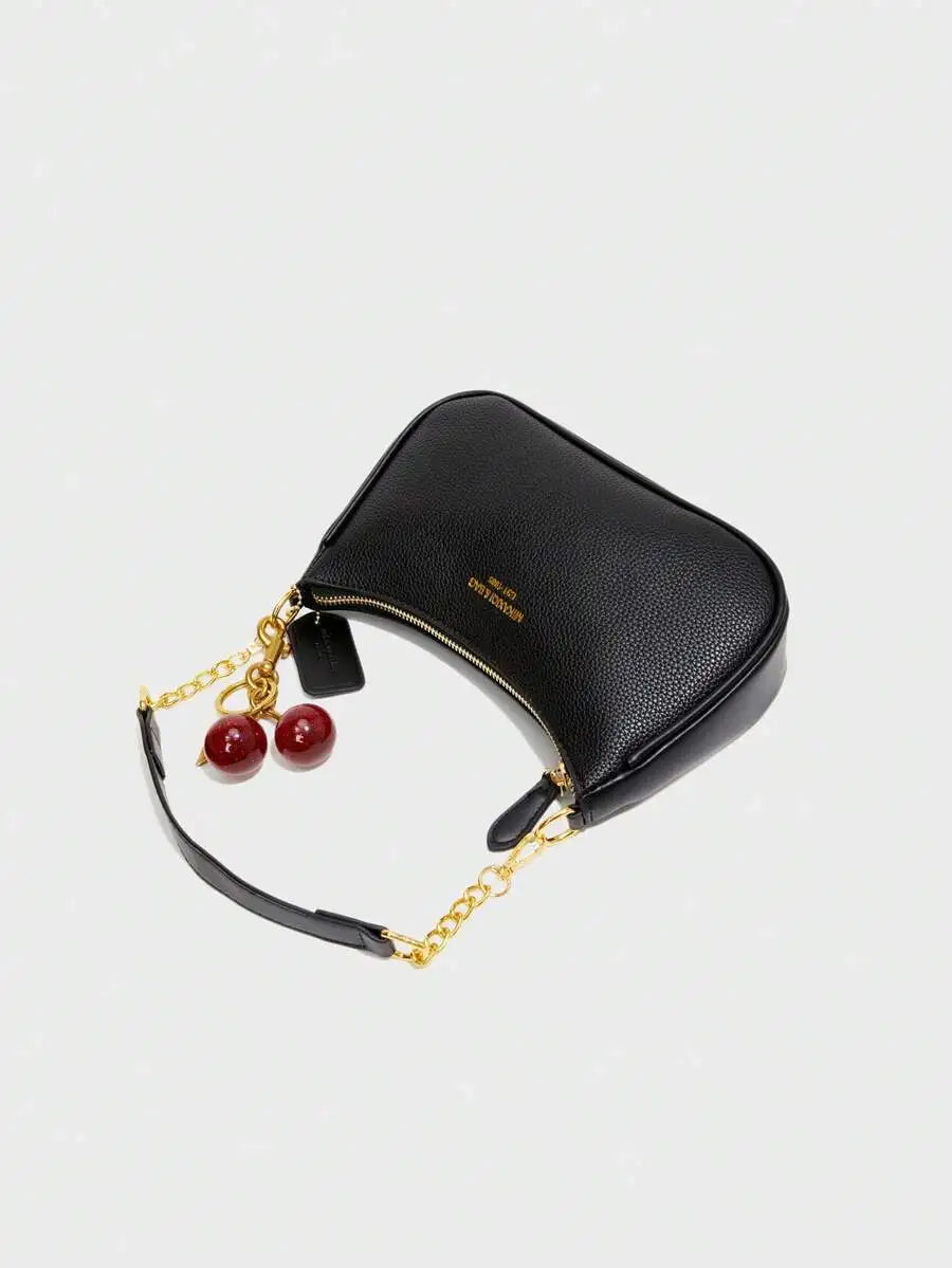 Black Pebbled PU Crescent Shoulder Bag with Gold Chain & Cherry Charm