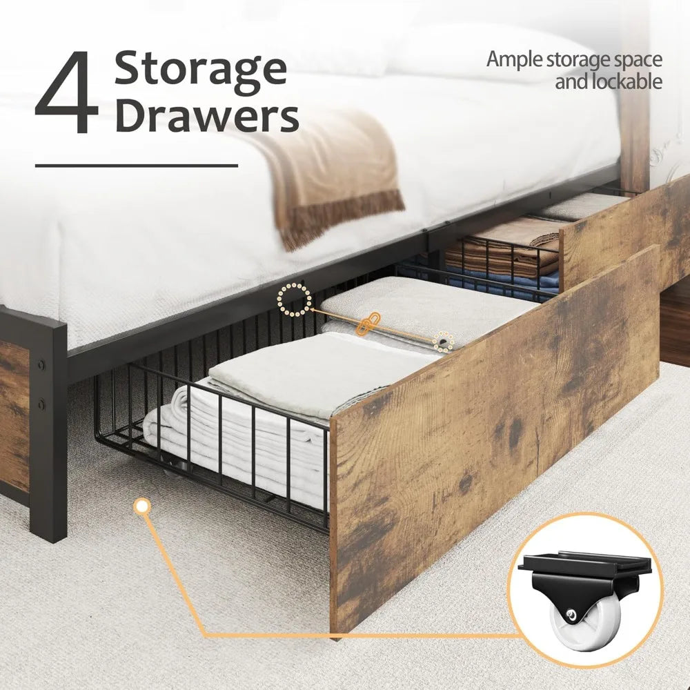 Queen Bed Frame with Headboard, High Storage Bookcase, 4 Drawers, LED Lights & Charging Station, Noise-Free Metal Support