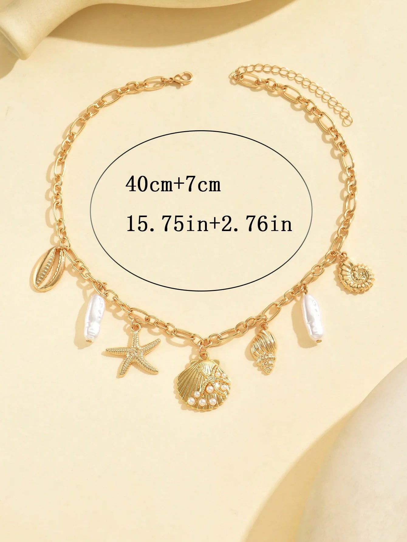 Gold Chain Necklace with Starfish, Shell & Faux Pearl Charms for Women Summer Vacation Jewelry