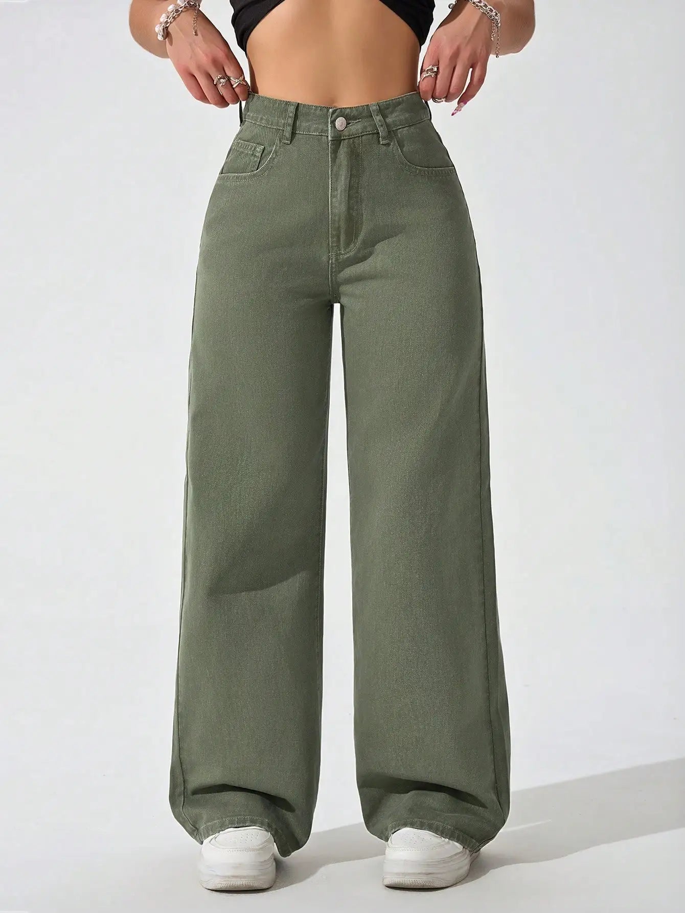 High Waist Wide Leg Black Denim Jeans for Women, Casual Streetwear Style