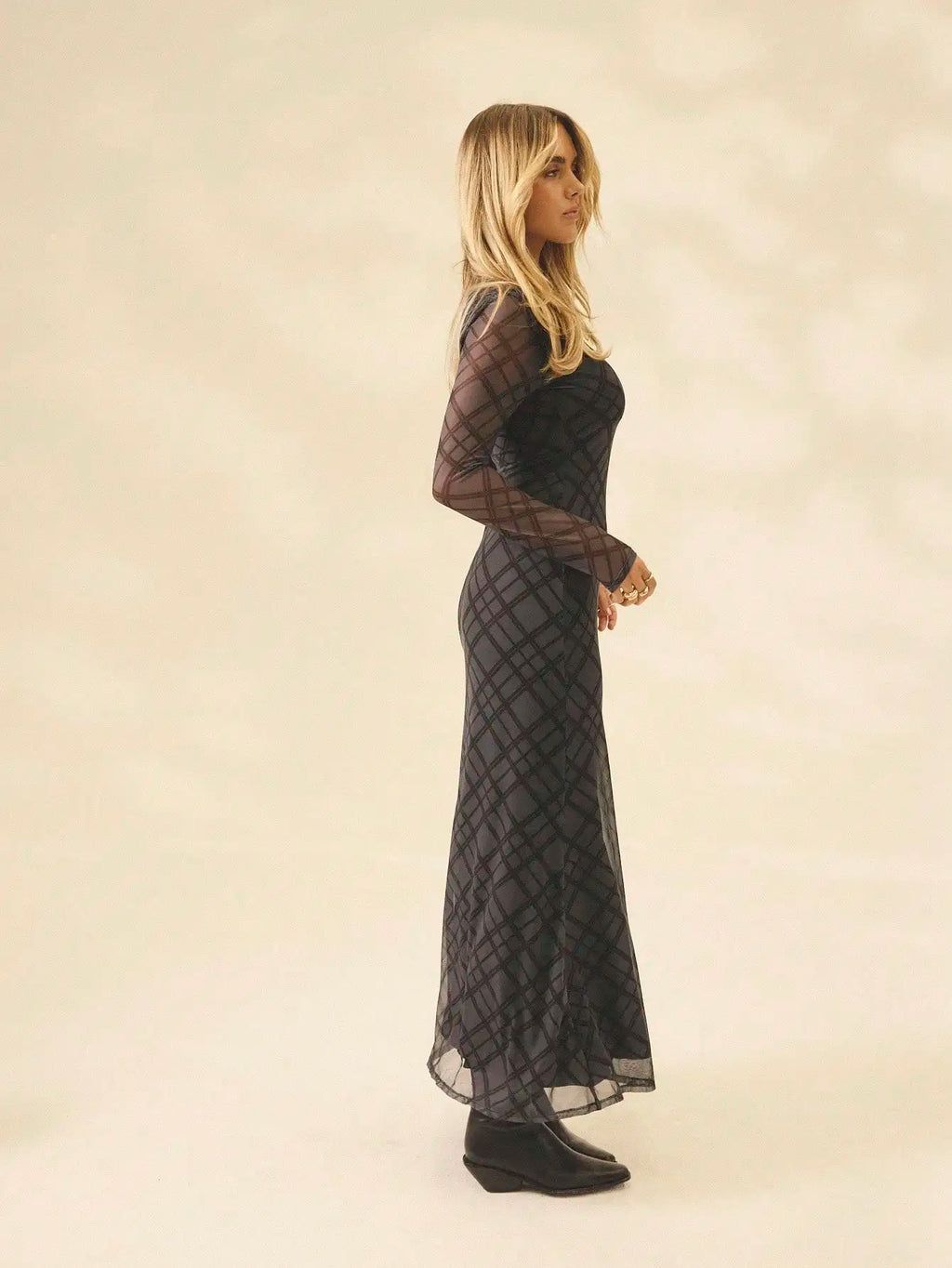 Aralina Fall Winter Stolkhom Style Plaid Gingham Mesh Long Sleeve Christmas Wedding Guest Maxi Dress