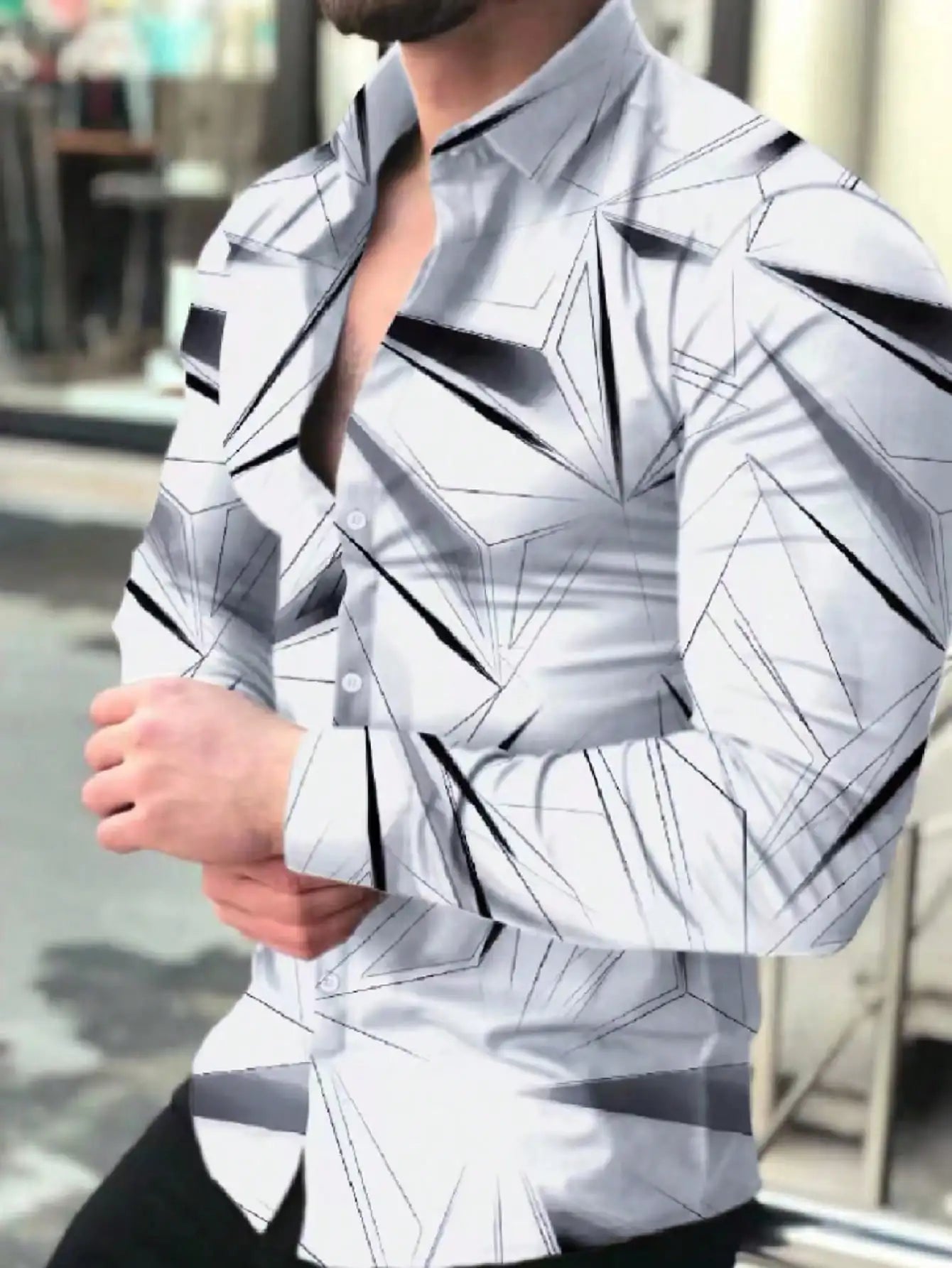 Men's Black Long Sleeve Shirt with Blue Geometric Graphic Pattern, Casual Style