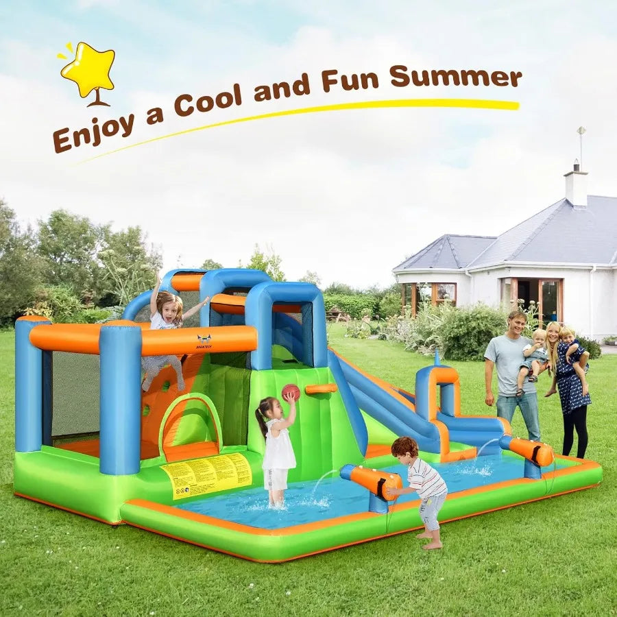 OLAKIDS Inflatable Water Slide 7 in 1 Bounce House Water Park with Slide Splash Pool Climbing Wall 2 Water Guns Basketball Rim