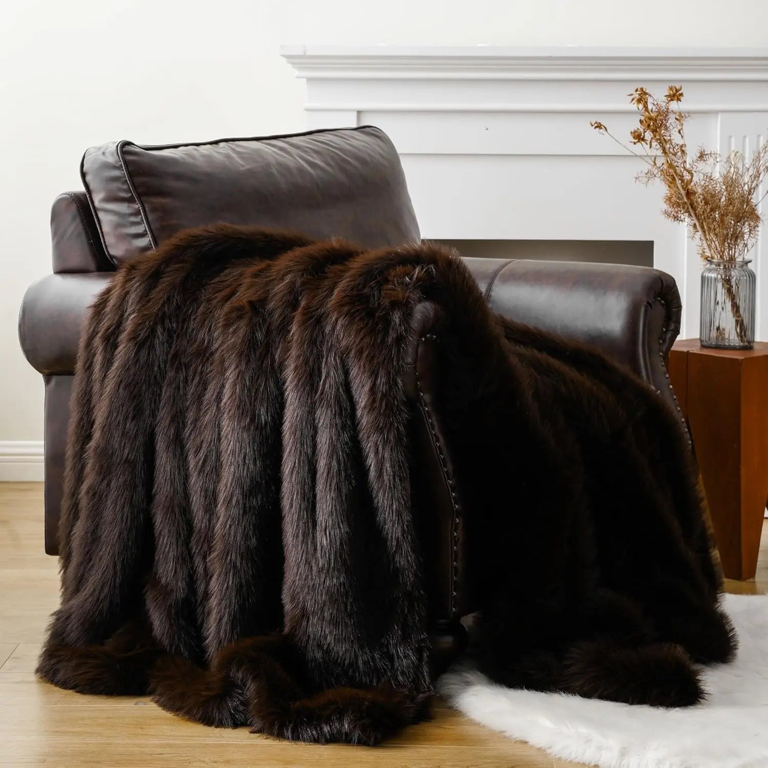 Luxury Brown Faux Fur Throw Blanket, Soft Warm Cozy for Bed Decor, King Size 60x80 Inches