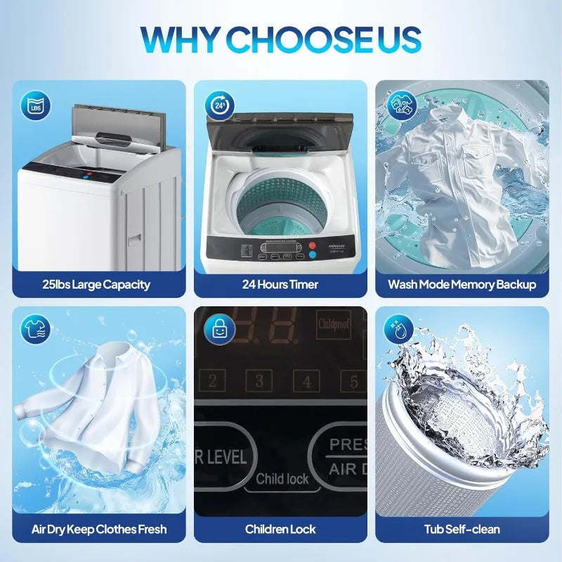 25LBS Portable Washing Machine, Full-Automatic Electric Laundry Machine with Stainless Steel Drum, Compact Washer