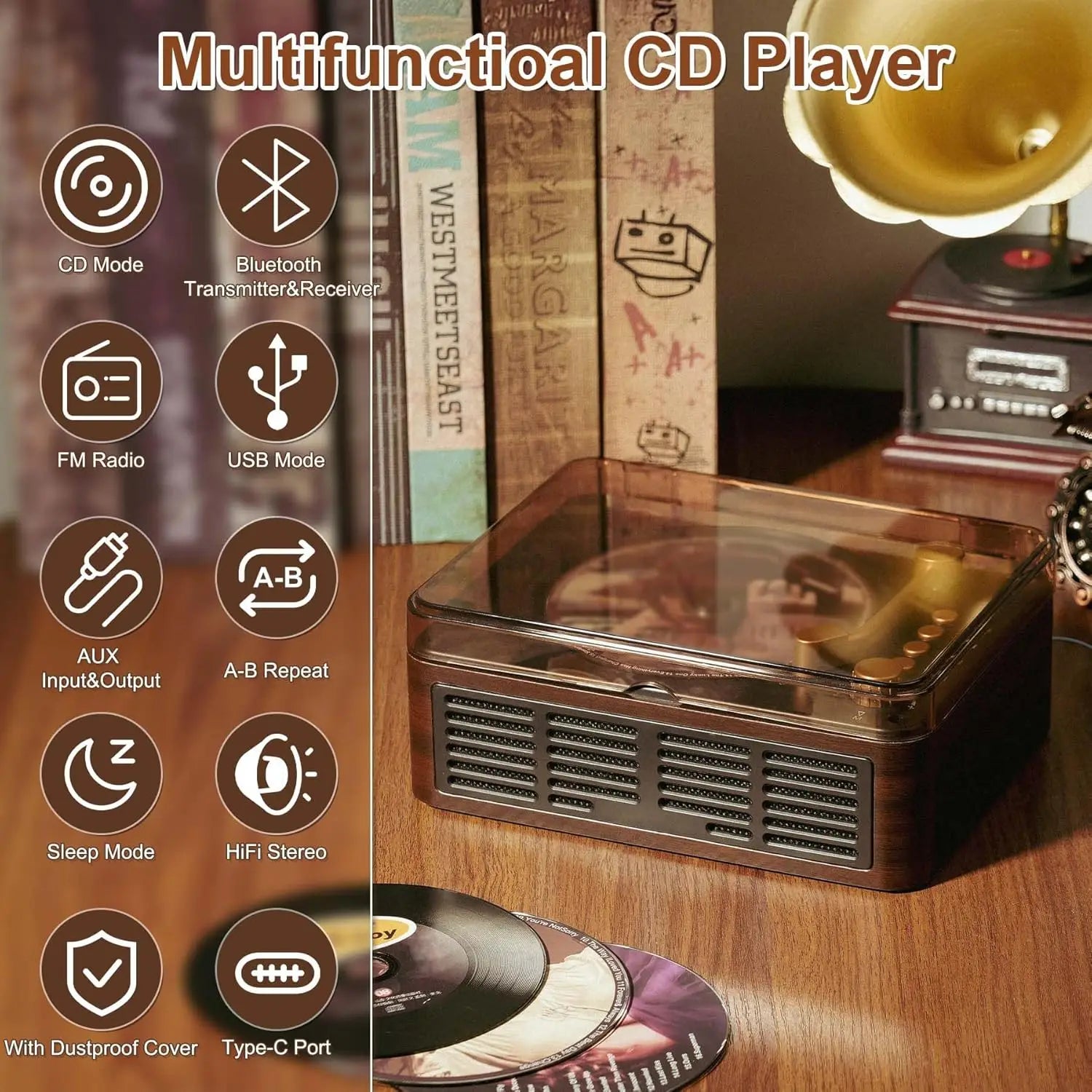 Portable CD Player with Bluetooth, Dual Speakers, FM Radio, Remote Control - Brown