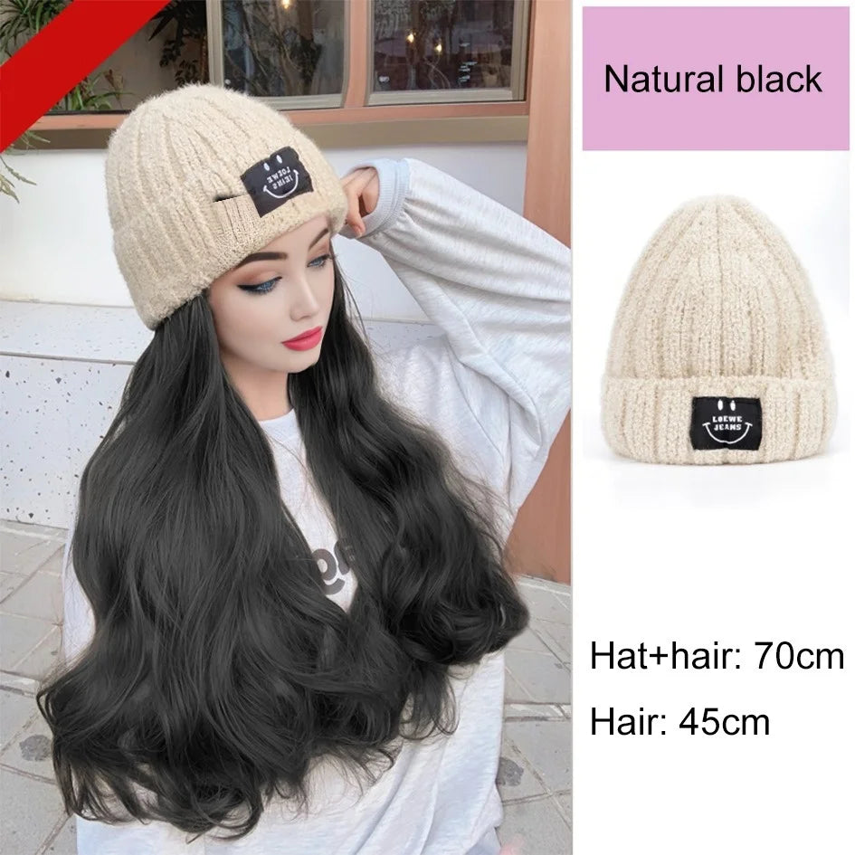 Synthetic 18 inch knitted hat with long curly hair hat wig, wavy wig, winter wig, beige/blue/coffee knitted hat Christmas outfit