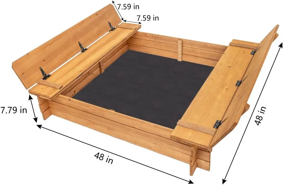 Wood Sandbox with 2 Bench Seats, Sand Boxes with Lid for Kids, Sand Pit with Cover for Outdoor Backyard Patio, 48 Inch
