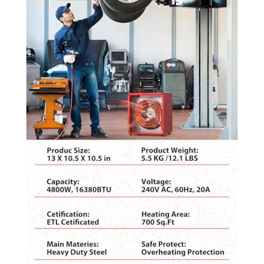 240V Fan-Forced Industrial Heater 4800W Workshop Utility Space Heater with Thermostat Control Overheat Protection Carry Handle