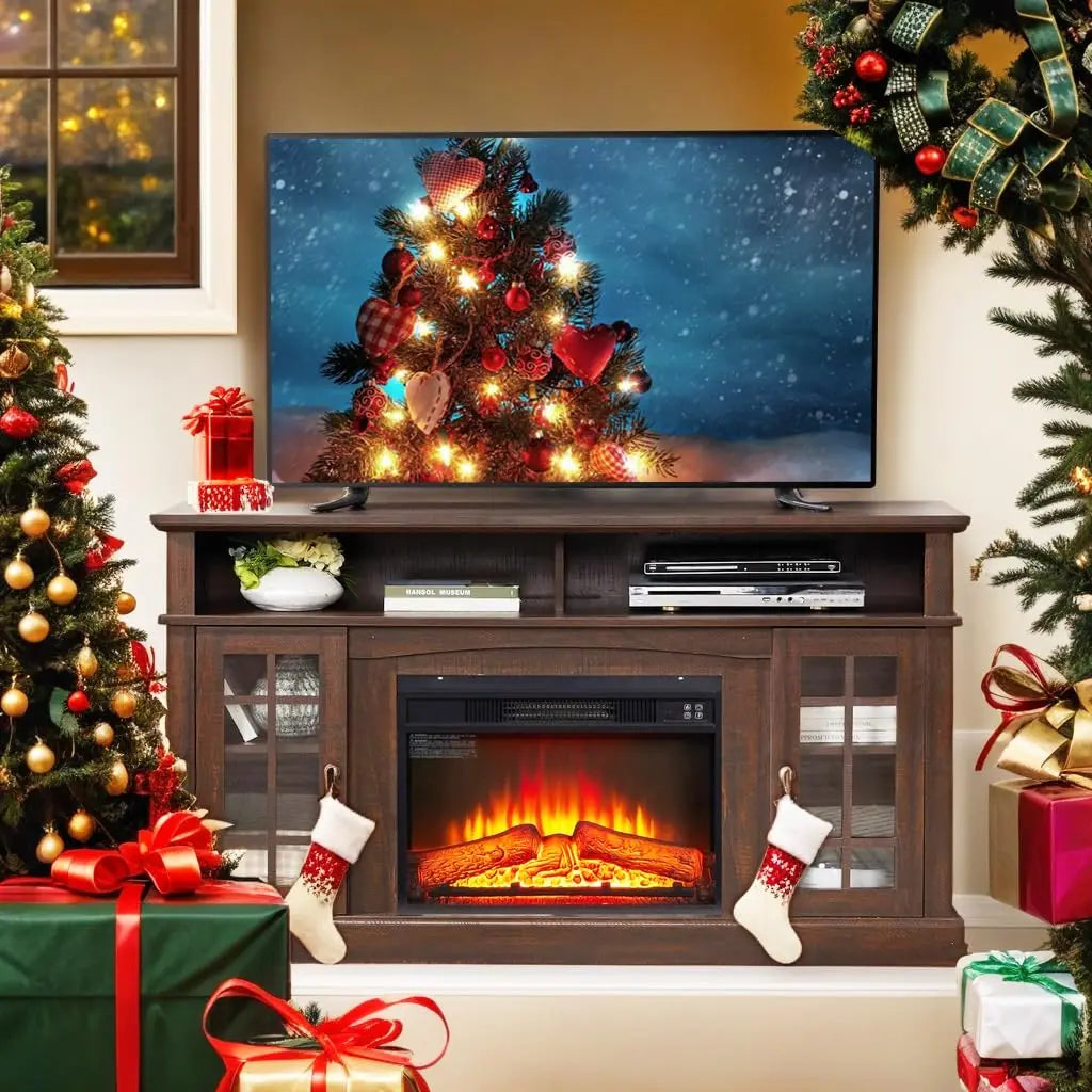 58" Farmhouse TV Stand with 23" Electric Fireplace Heater, Rustic Entertainment Center for TVs up to 65",, Customized