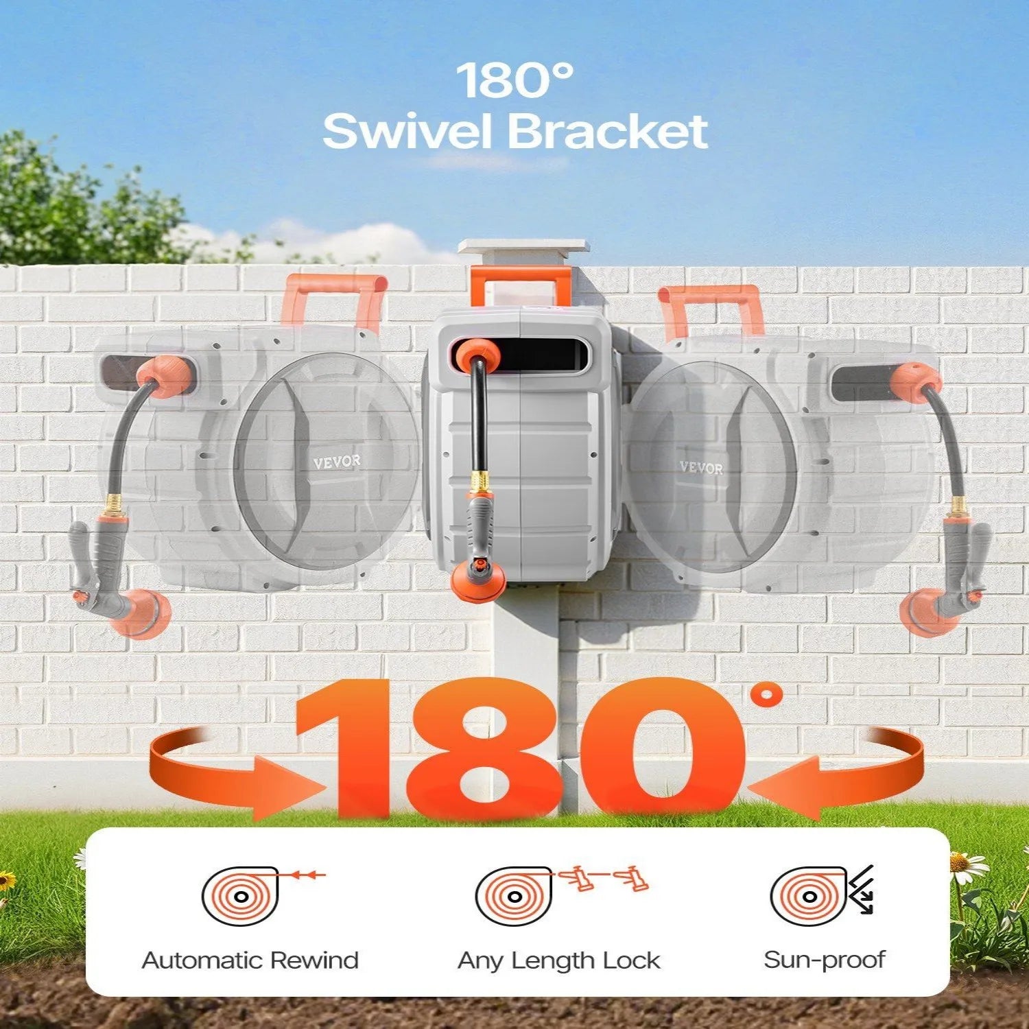 1/2 Inch Retractable Garden Hose Reel - 145ft Wall-Mounted Heavy Duty with 9-Pattern Nozzle, Any-Length Lock & 180° Swivel Brac