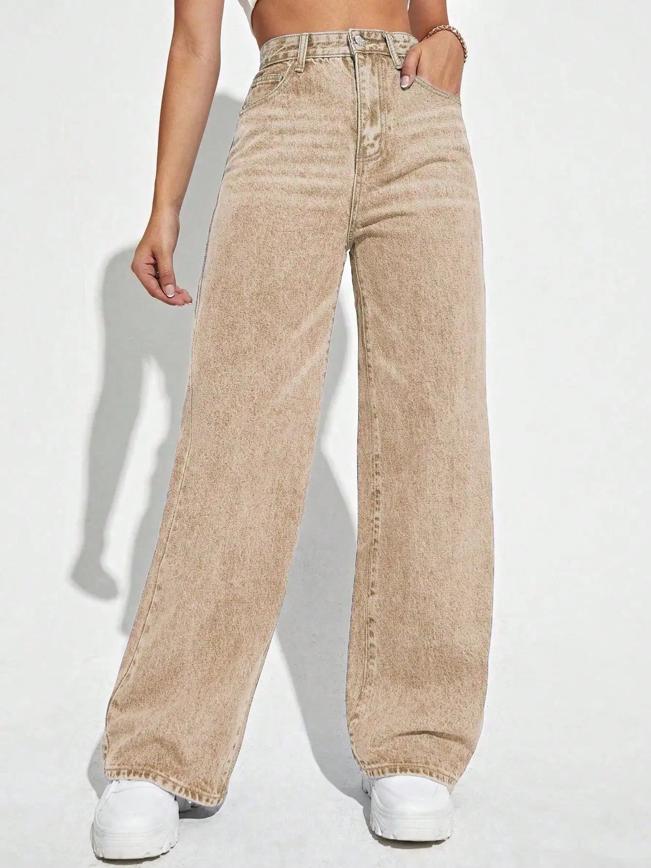 High Waist Wide Leg Jeans for Women, Beige Denim Trousers with Relaxed Fit and Casual Style