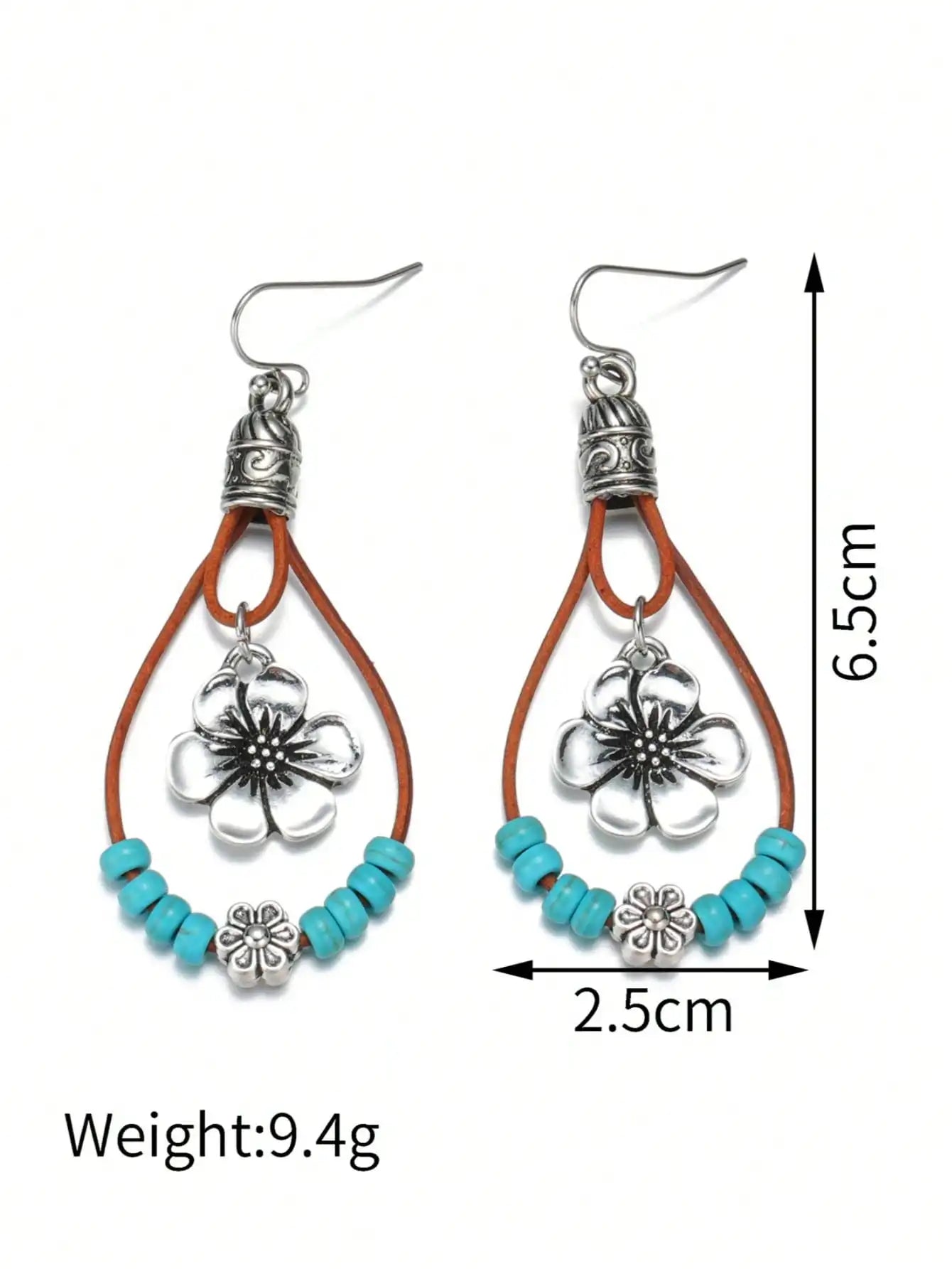 Bohemian Flower Dangle Earrings with Turquoise Beads & Leather Cord, Vintage Alloy Jewelry for Women