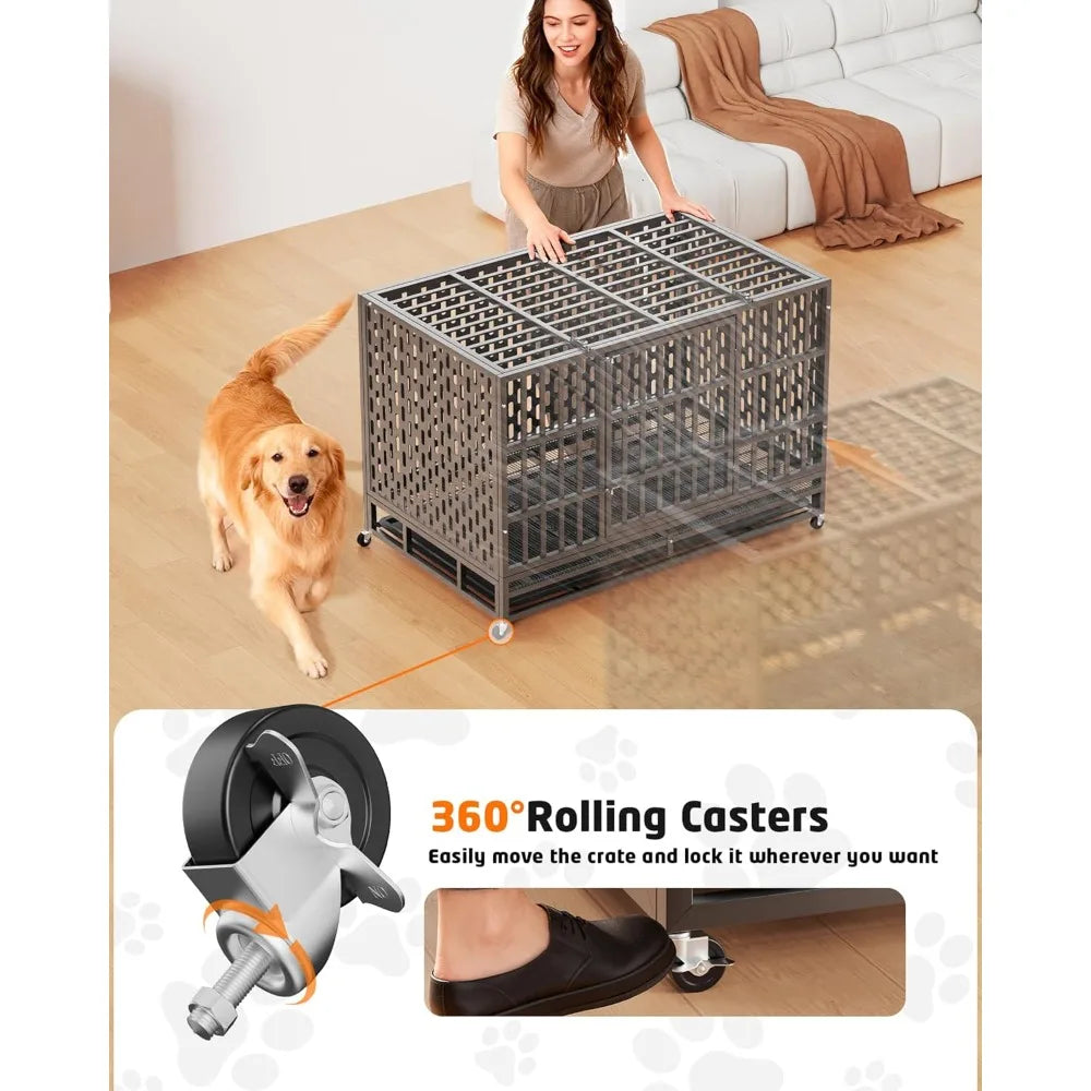48 Inch Heavy Duty Indestructible Dog Crate Steel Escape Proof, Indoor Double Door High Anxiety Cage, Kennel with Wheels,Customi