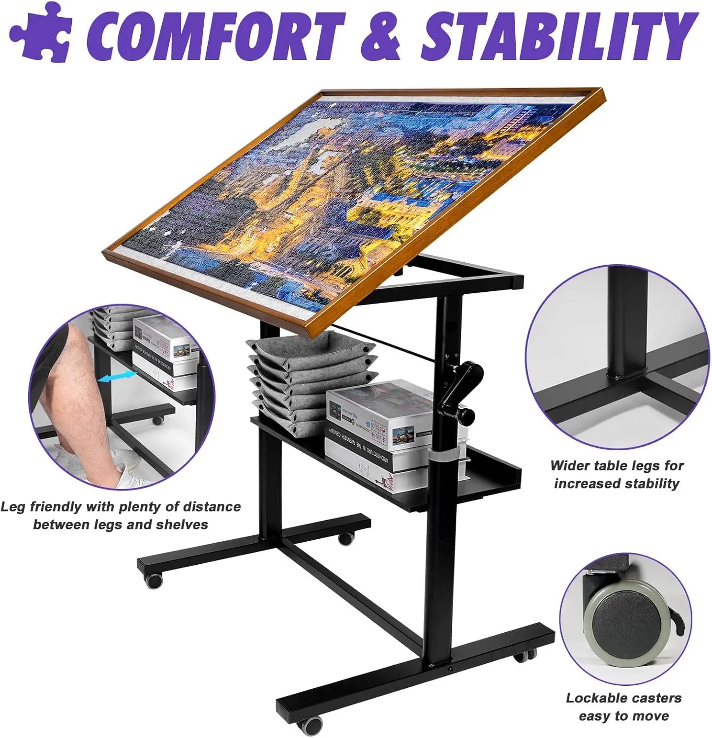 1500 Pieces Jigsaw Puzzle Table with Legs, 36"x26" Adjustable Height Puzzle Board with Cover & 6 Sorter Tray, 12-Tilting-Angle P