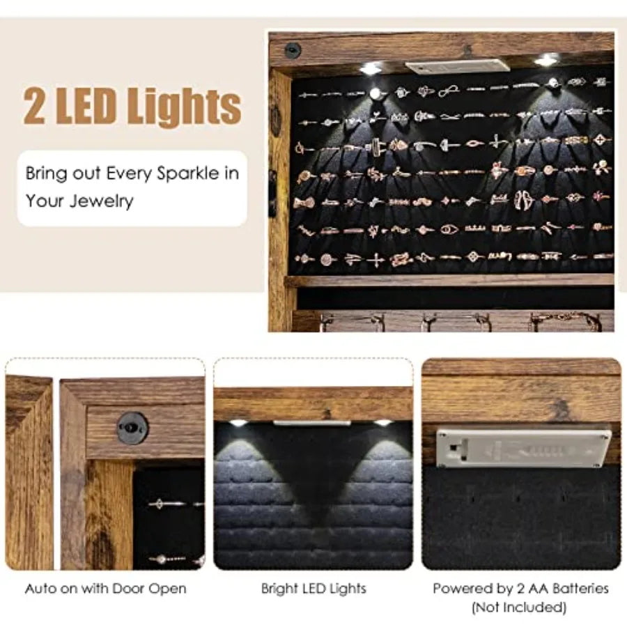 Jewelry Armoire Wall Door Mounted Hanging Jewelry Organizer w/Full-length Mirror 2 LED Lights and 2 Drawers Lockable Large Stor
