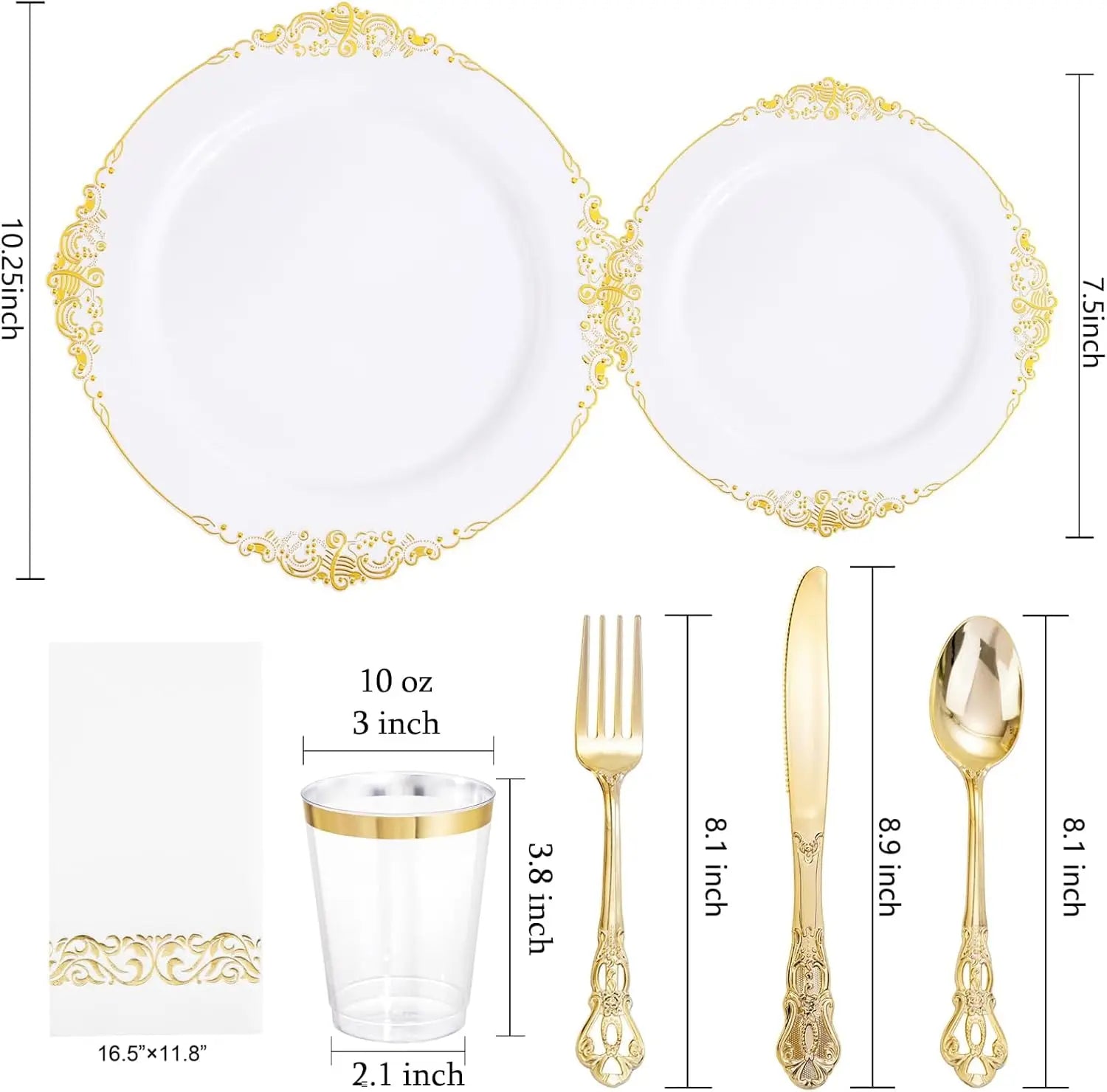 700PCS Gold Plastic Dinnerware Set - White and Gold Disposable Plates for 100 Guest - 200 Disposable Plates, 300 Heavy Duty