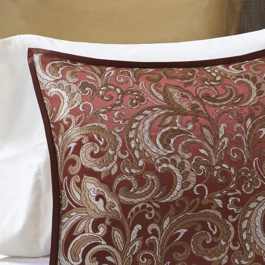 King Size Faux Silk Comforter Set with Jacquard Paisley Design and Matching Curtains Red Down Alternative Hypoallergenic All Se