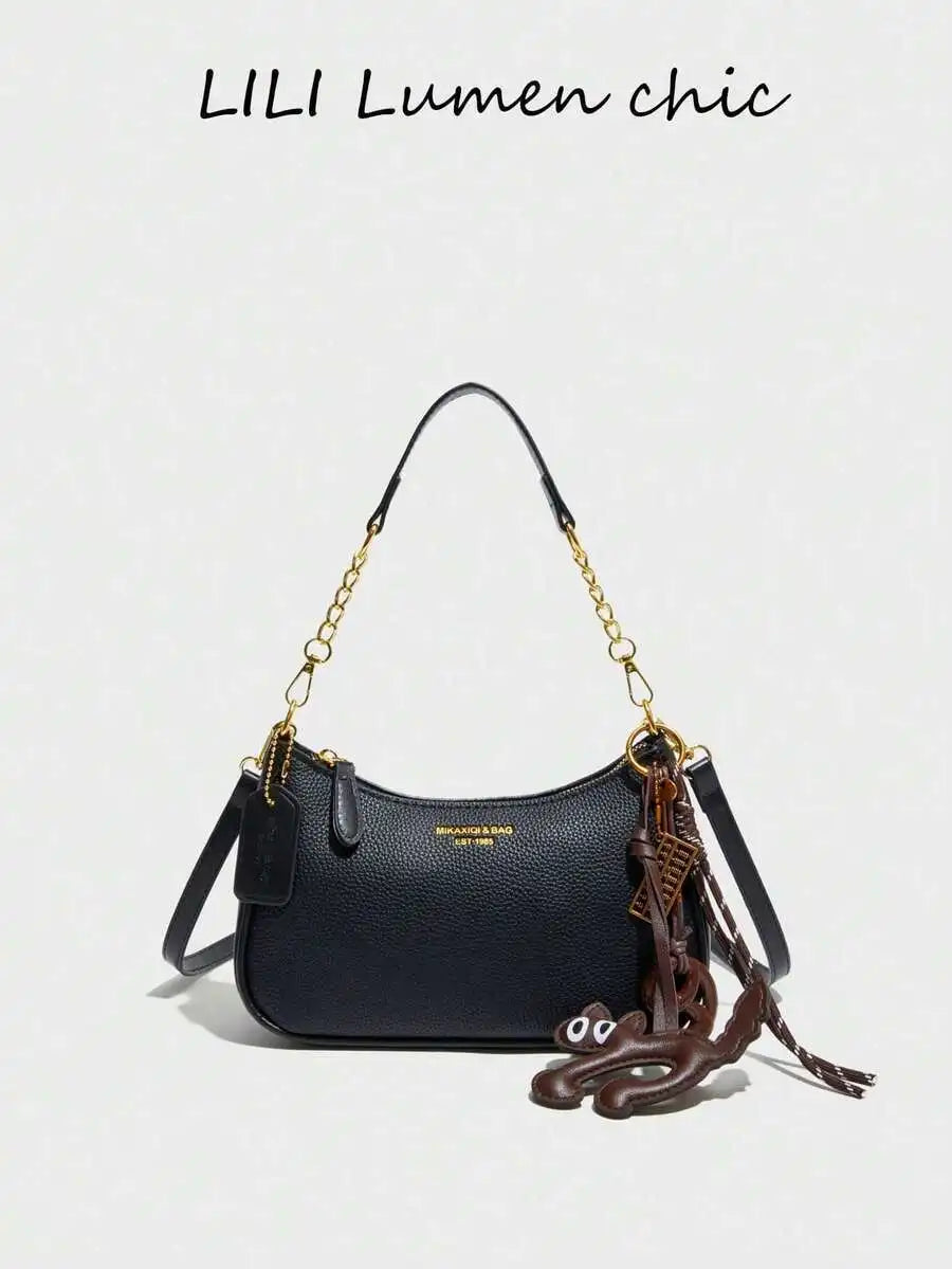Black Pebbled PU Crescent Shoulder Bag with Gold Chain & Cherry Charm