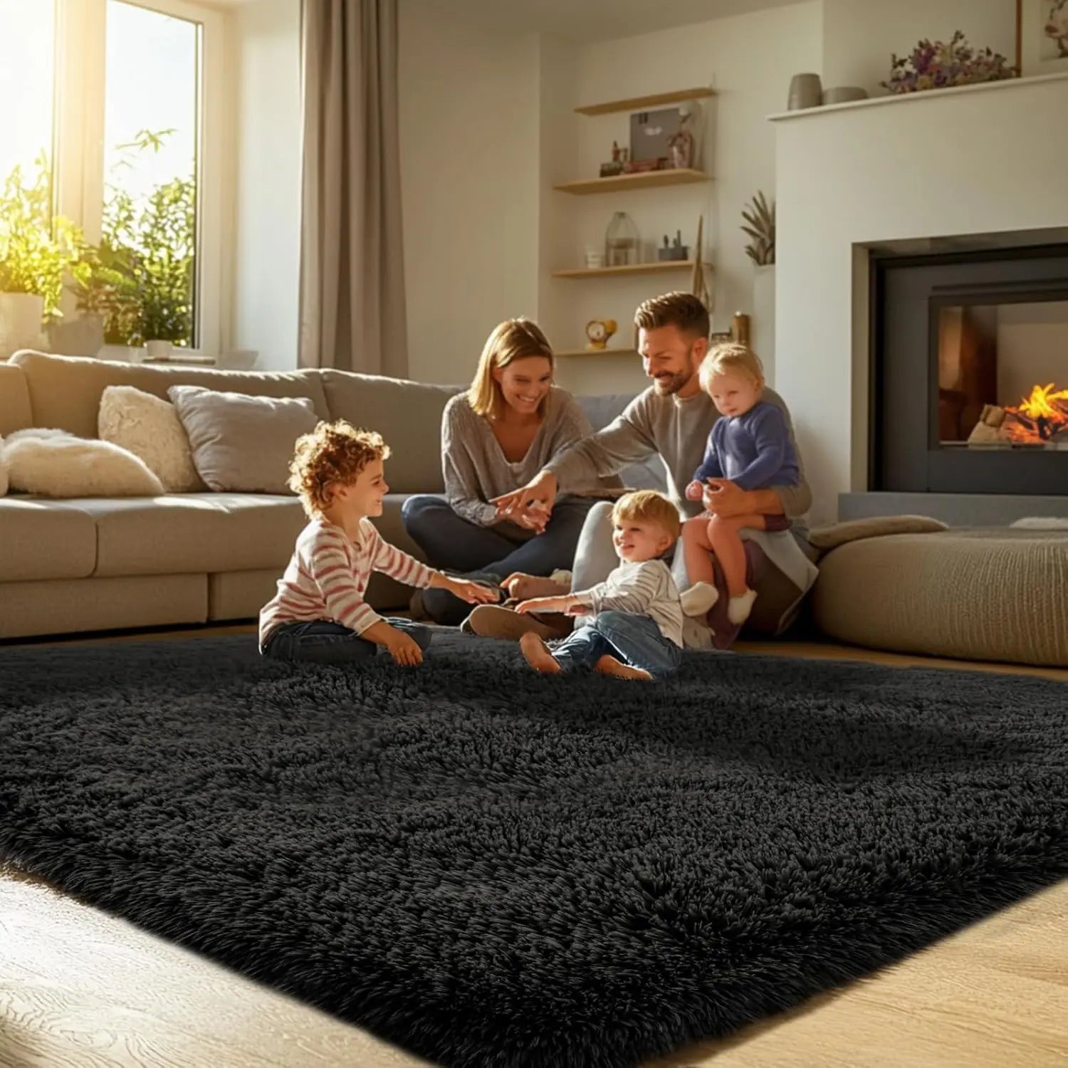 10x14 Black Shag Area Rug: Super Soft Large Modern Carpet for Living Room, Bedroom - Non-Slip Fluffy Indoor Floor Mat