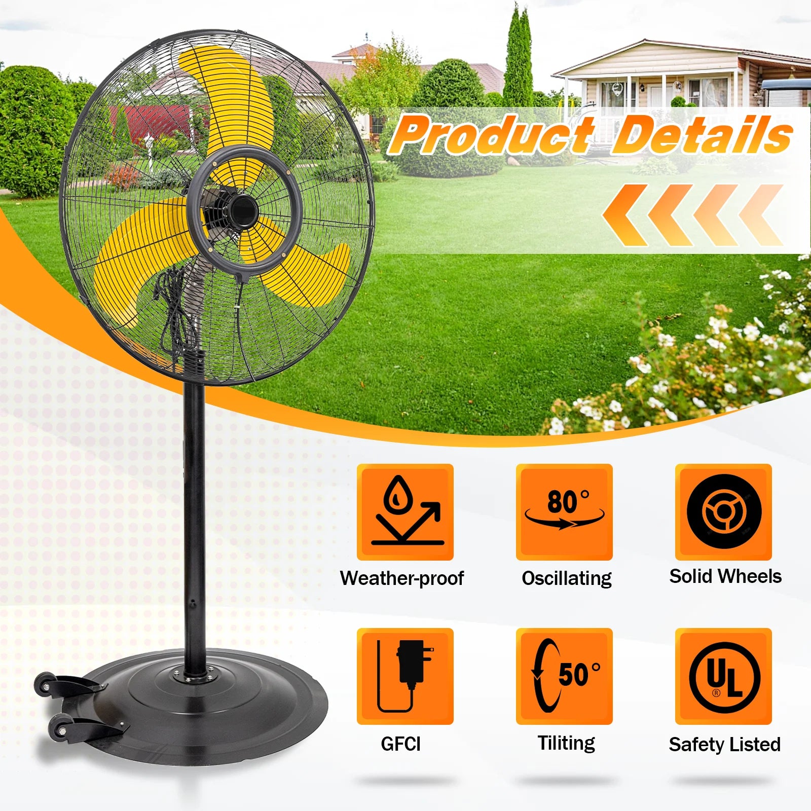 9200 CFM 30" High Velocity Outdoor Misting Fan, Standing Fans for Patio Waterproof, Cooling Floor Fan 3-Speed, 50° Tilting