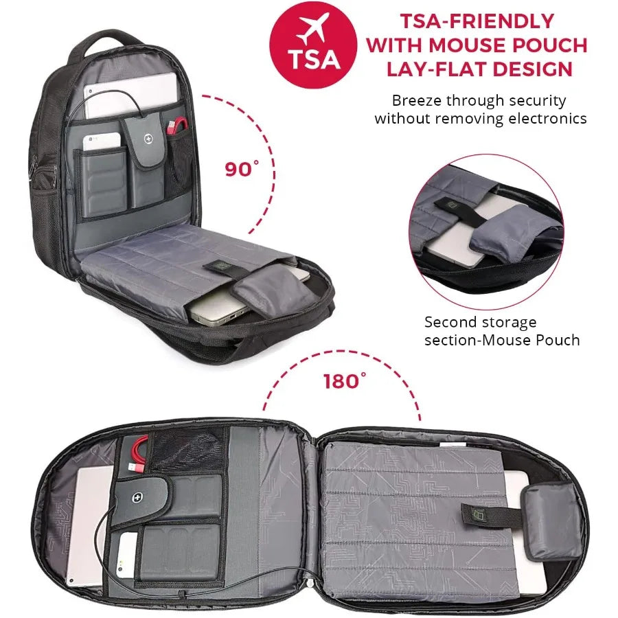 Swissdigital Design Large Travel Backpack For Men TSA-Friendly Business Laptop Backpack USB Charging Port RFID Protection Tech