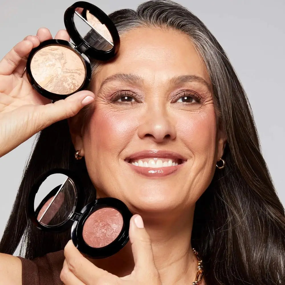3 PC Kit: Illuminating CC Powder Foundation Light, Retractable Kabuki Brush, Blush-N-Brighten Pink Graperuit