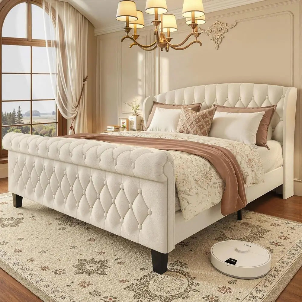 Queen Bed Frame, Velvet Upholstered Sleigh Bed with Wingback Headboard & Scrolled Footboard, No Box Spring Needed, Sturdy Suppor